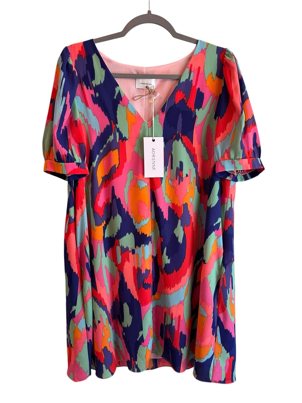 Adrienne Multicolor V-Neck Mini Dress in Pink, Navy & Coral